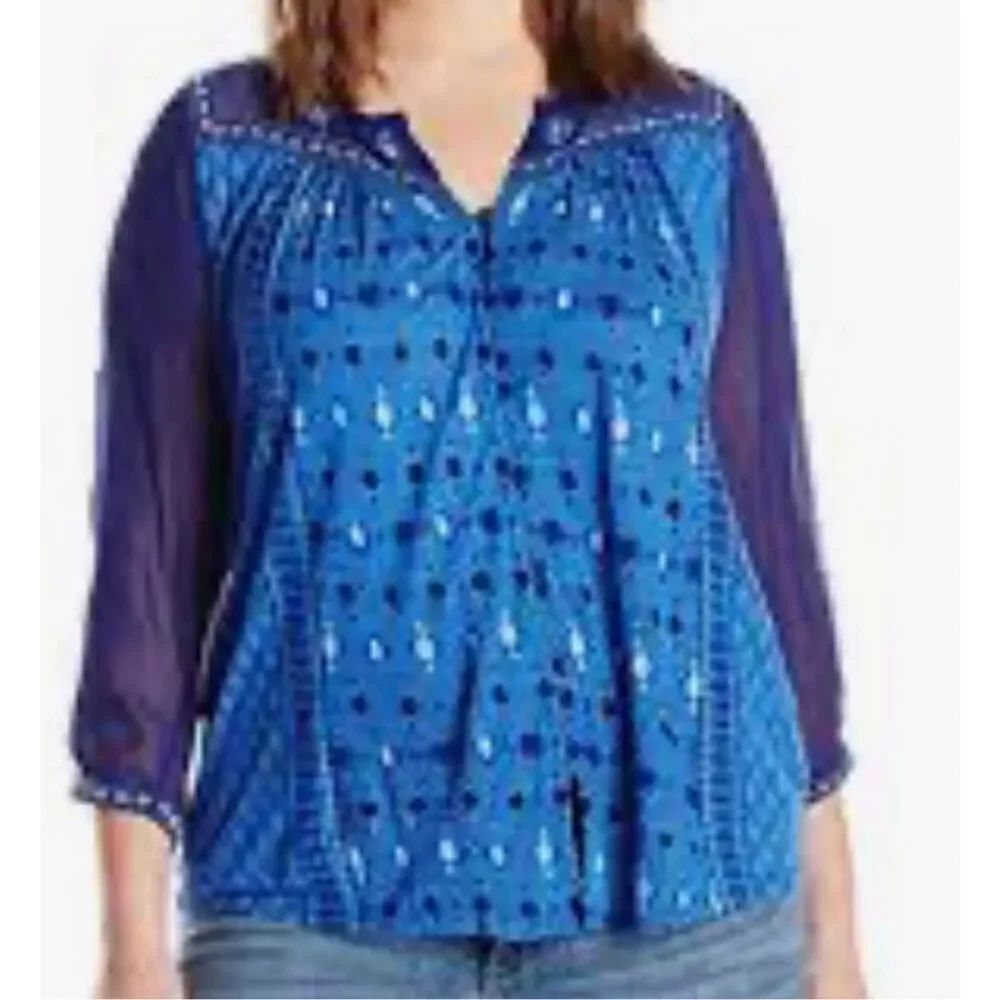 Lucky Brand Peasant Blouse Blue Boho Knit Chiffon Semi Sheer 3/4 Sleeve Size S